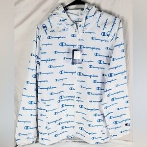 Champion Mens Windbreaker Jacket Size XL White Blue Hooded Front Zip NEW